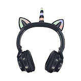 Дитячі бездротові Bluetooth-навушники єдиноріг з котячими вушками і підсвічуванням cat ear STN-27 Чорні, фото 4