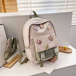 Рюкзак шкільний для підлітка молодіжний зі значками кольору хакі з бежем Goghvinci (AV311)