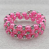 Браслет дитячий багаторядний сріблястого кольору з кристалами ширина 15 мм 3 ряди каменів і намистин рожевого кольору