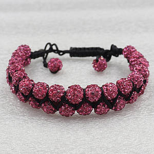 Браслет шамбалу з рожевими  намистинами чорний із затяжками обхват 17 см і збільшення товщина кульки 10