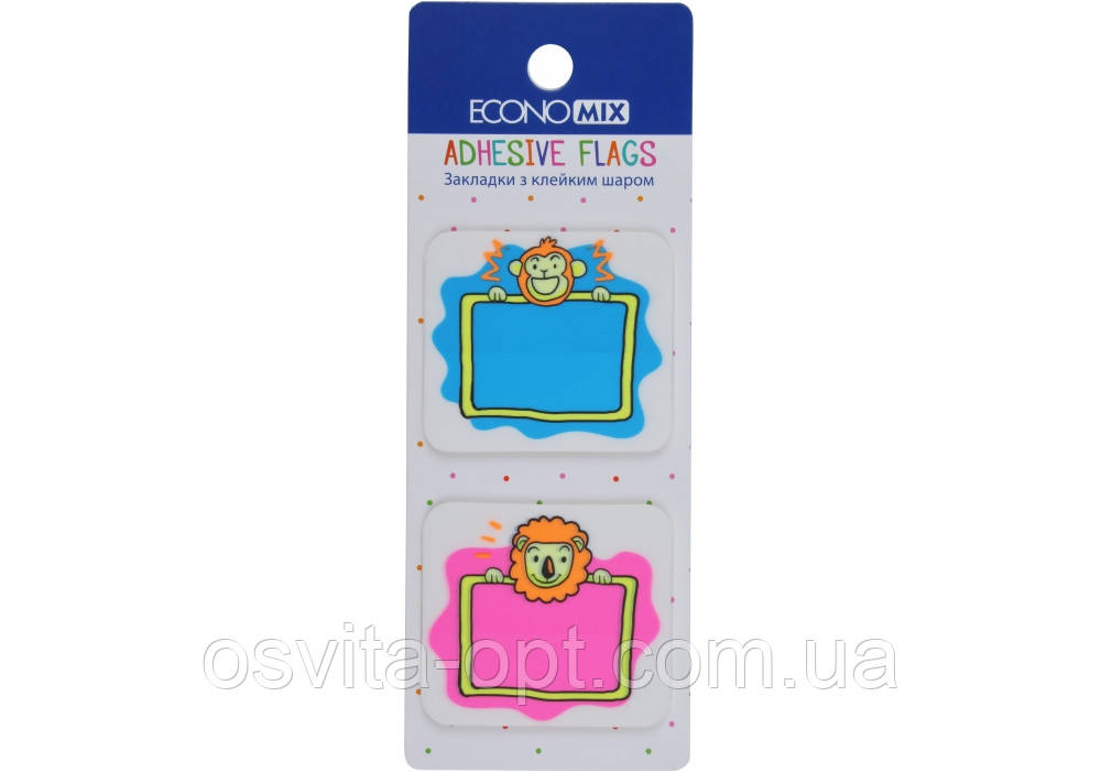 Закладки з клейким шаром 40х45 мм Economix Fun Lion & monkey, 40 шт., пластикові, асорті Е20966-02