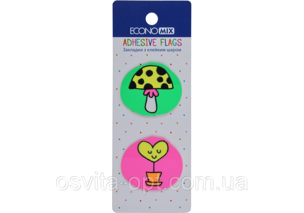 Закладки з клейким шаром 35х40 мм Economix Fun heart and mushroom, 40 шт., пластикові Е20969-01