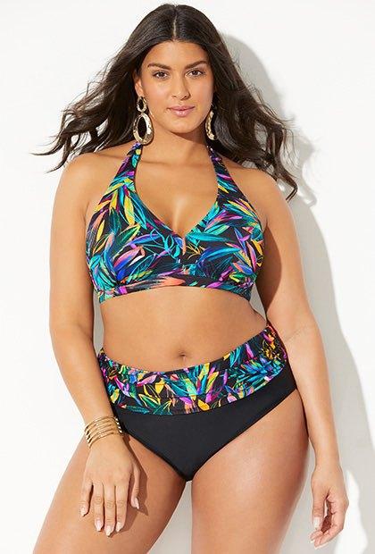 Купальник жіночий роздільний, з високою талією з рослинним візерунком, фото 1