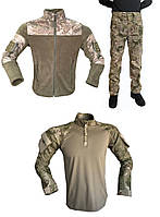 Тактическая военная форма  (флисовая тактическая куртка  +тактическая рубашка Убакс + брюки) комуфляж оливия