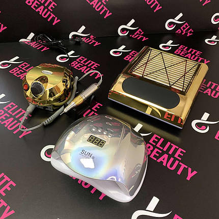 Набір для манікюра Фрезер NailDrill + Лампа SUN X + Витяжка 858-8 в золотому кольорі, фото 1