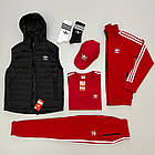 Чоловічий костюм Adidas 6в1 Жилетка + Кофта + Штани + Футболка + Шкарпетки чорний з червоним Адідас весняний, фото 5