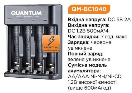 Зарядний пристрій Quantum QM-BC1040 для Ni-MH/Ni-CD 1.2V акум. AA/AAA 4-slot (USB), фото 1
