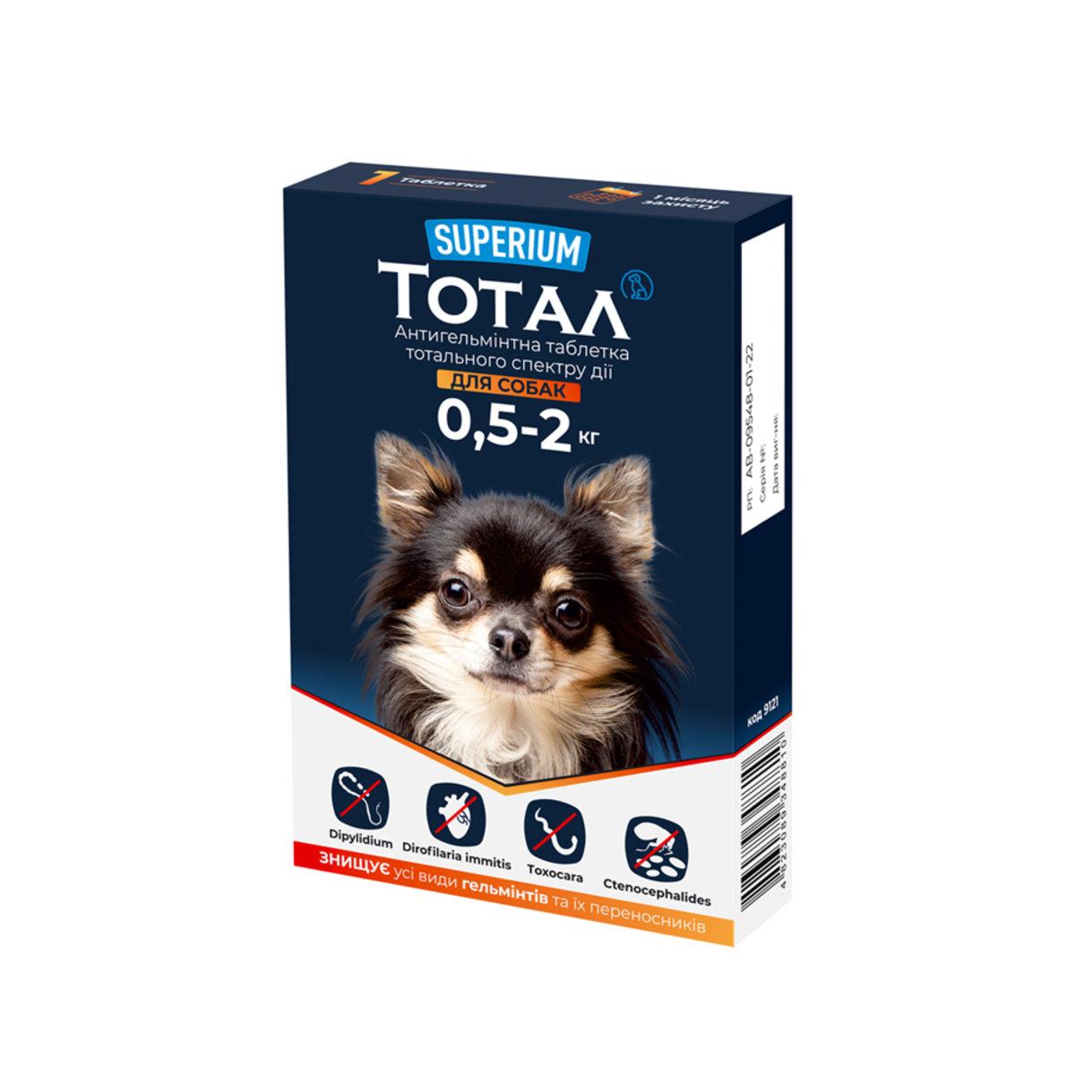 Тотал Суперіум антигельмінтик тотального спектру дії для собак вагою 0,5-2 кг, 1 таблетка