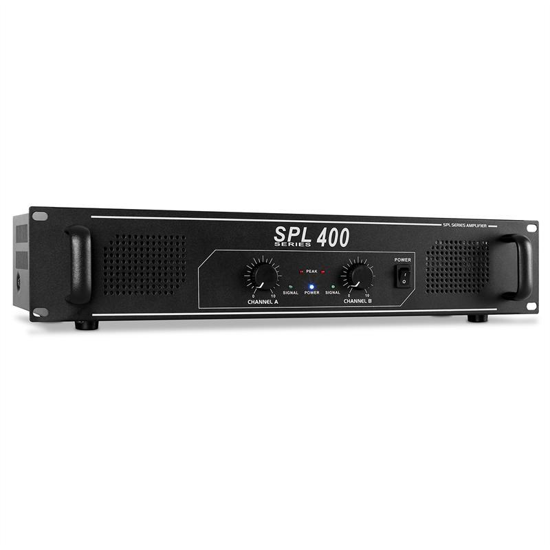 SPL-400 DJ PA підсилювач потужності 2x 200 Вт чорний Немає вибору ⁇ 2x 200 Вт (4 Ом) / 2x 150 Вт (8 Ом) ⁇ Чорний