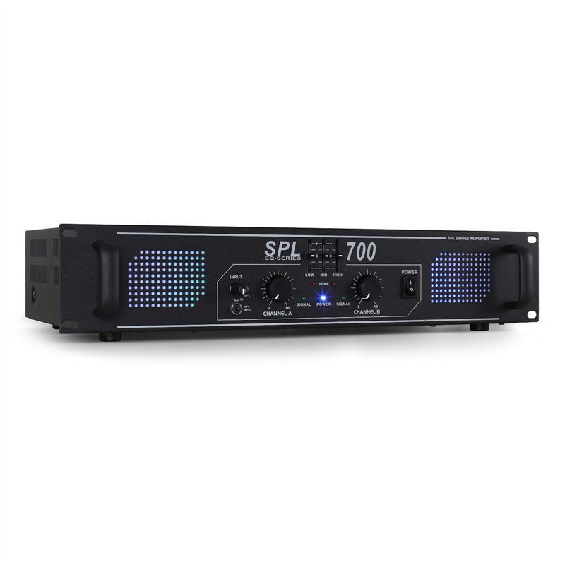 SPL-700 EQ DJ PA підсилювач 2 x 350 W Світлодіодний еквалайзер USB чорний Еквалайзер ⁇ 2x 350 Вт (4 Ом) / 2x 250, фото 1