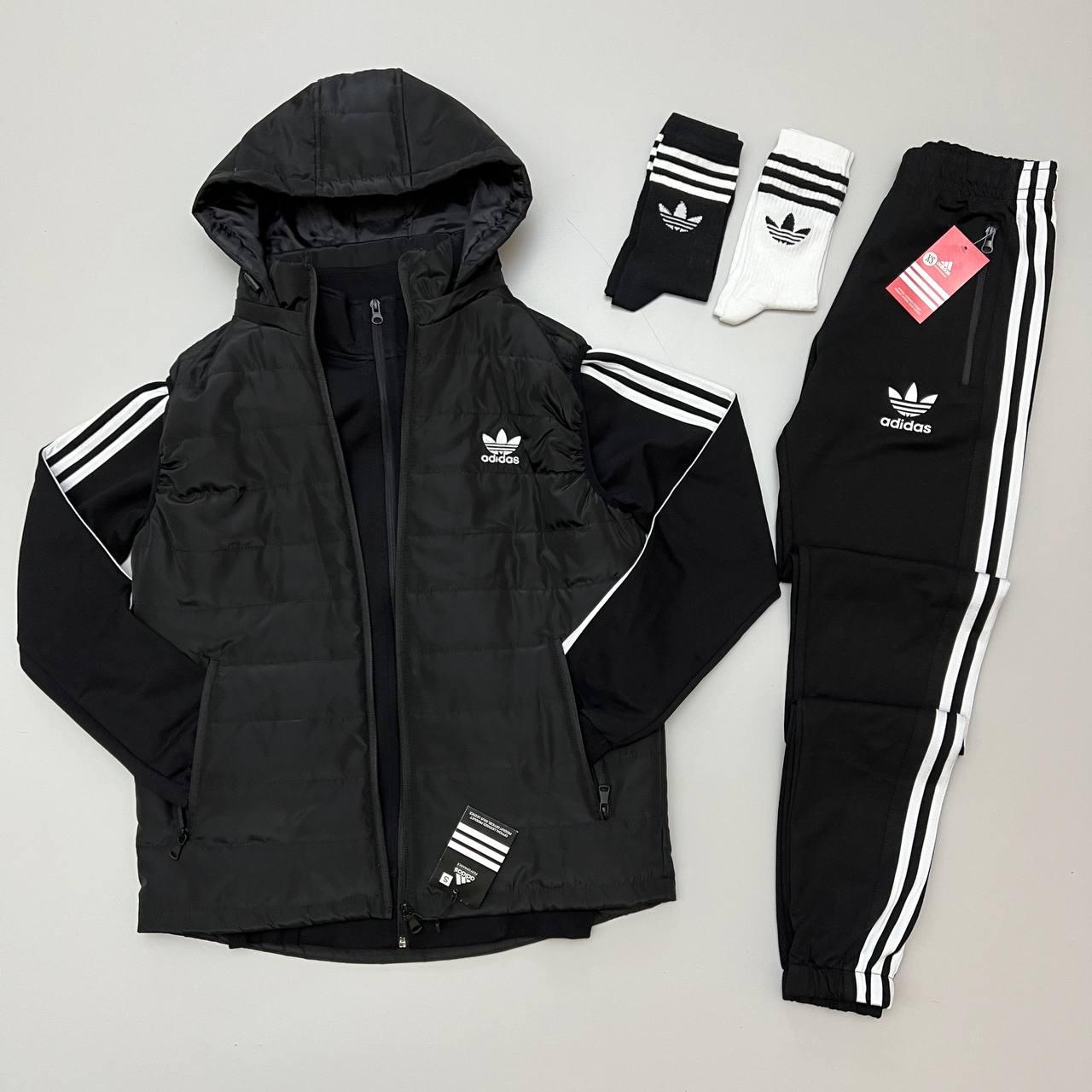 Чоловічий костюм Adidas 3в1 Кофта на змійці + Штани + Жилетка + Шкарпетки чорний Адідас весняний осінній