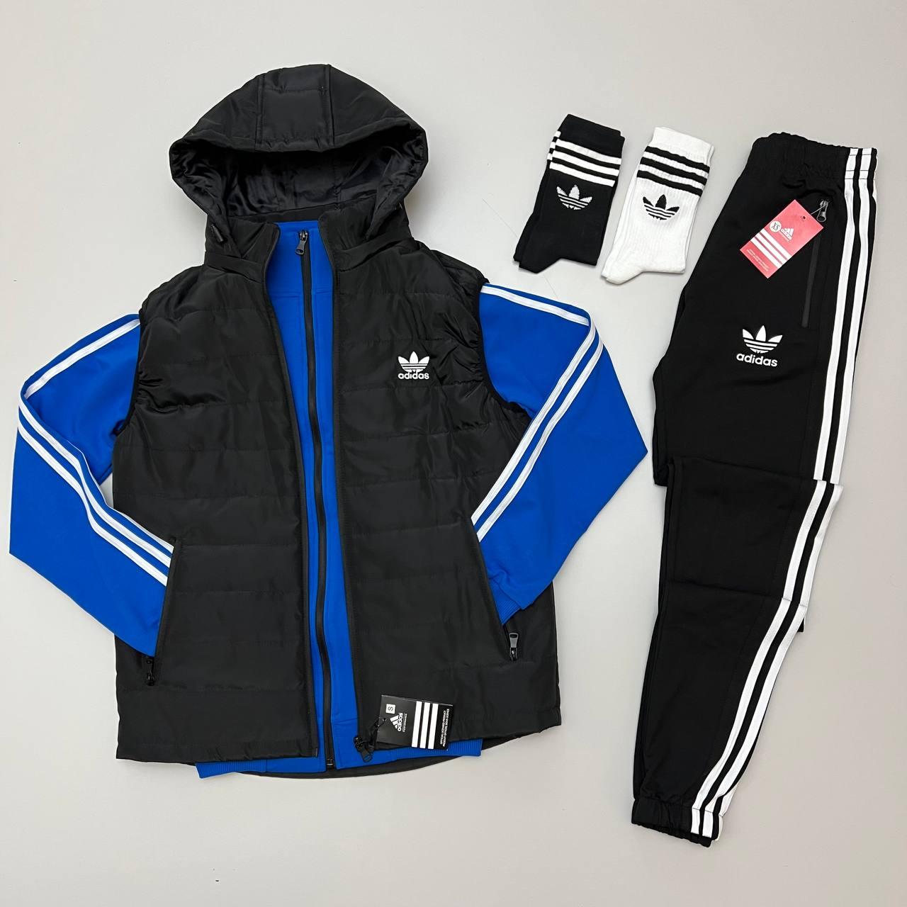 Чоловічий костюм Adidas 3в1 Кофта на змійці + Штани + Жилетка + Шкарпетки синій з чорним Адідас весняний осінній