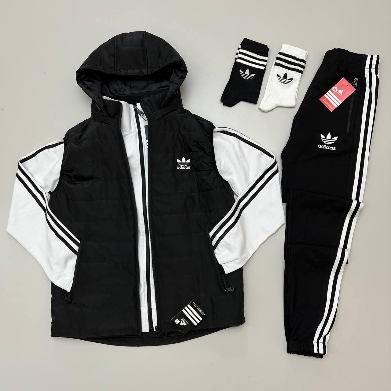 Чоловічий костюм Adidas 3в1 Кофта на змійці + Штани + Жилетка + Шкарпетки білий з чорним Адідас весняний осінній