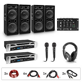 Bass party DJ system set 2xPA підсилювач DJ мікшер 4xсабвуфер навушники 2xмікрокабель (Німеччина, читати