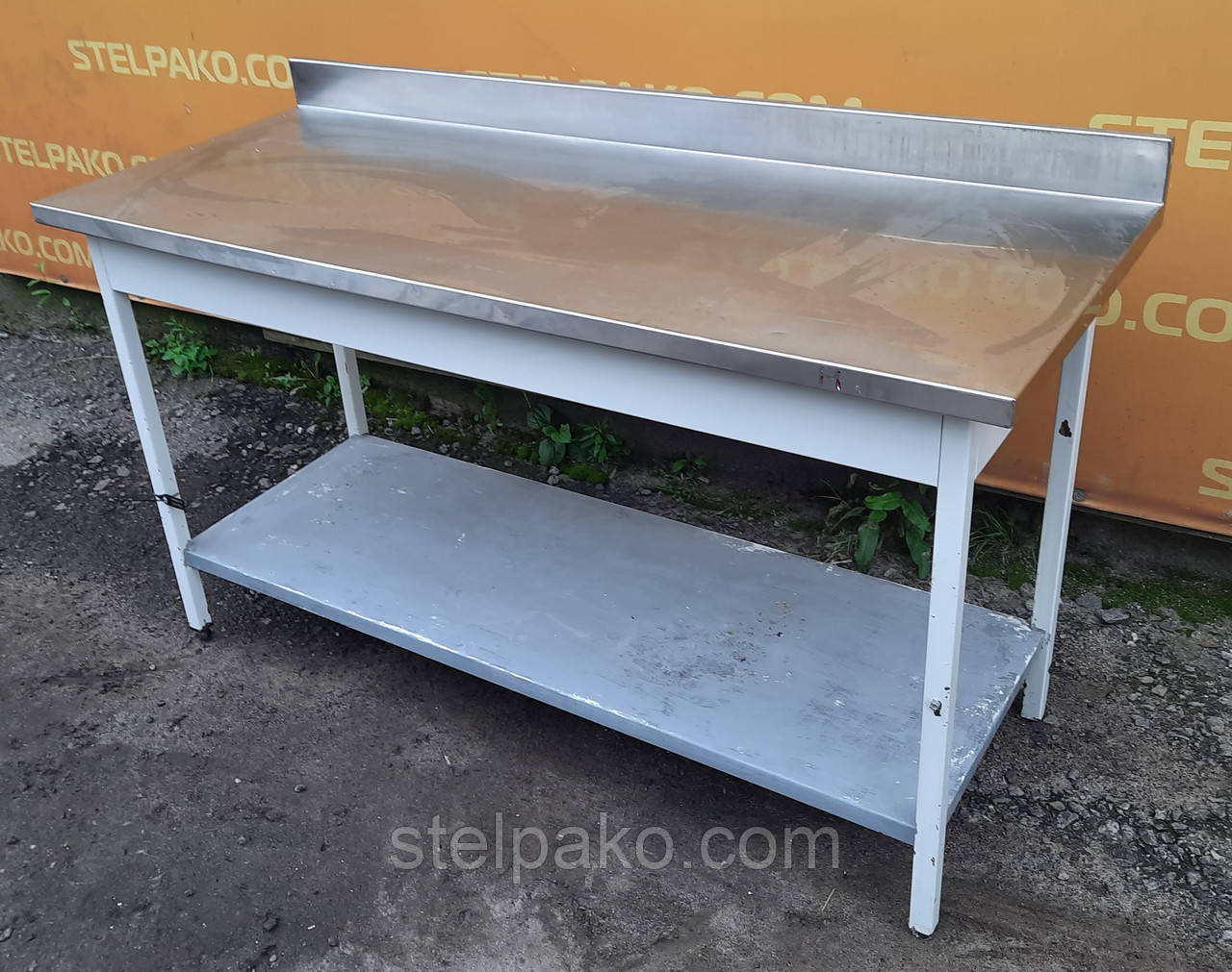 Стол с полкой, столешница из нержавеющей стали, на металлической основе ...