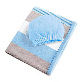 Плед дитячий трикотажний 70х90 см PAPAELLA з шапочкою бавовна натуральна в'язаний блакитна