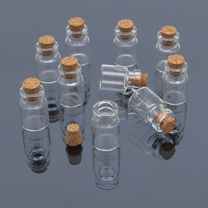 Скляна пляшечка для Бісера та Бусин, з пробкою, Розмір: 22x15мм, Діаметр горлечка: 7мм, Об'єм 5мл, (10 шт)