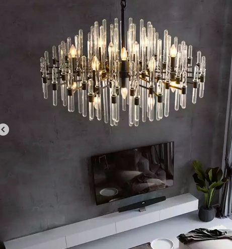 Розкішна сучасна серія світильників в корпусі чорного та латунного кольору з скляними, видовженими паличками, фото 1