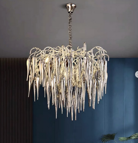 Люстра з підвісними,скляними елементами димчастого кольору на хромованому корпусі діаметром 80см, фото 1