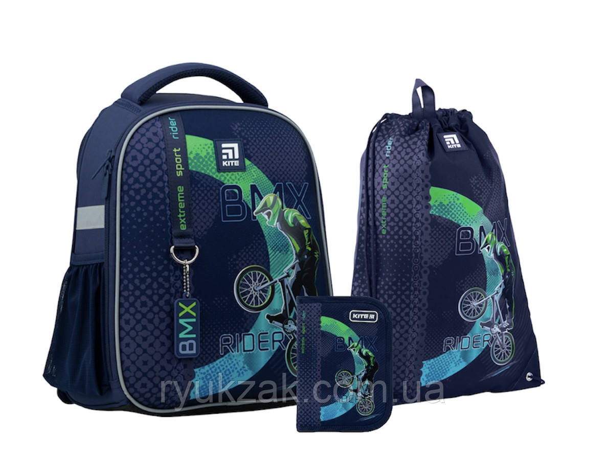 Шкільний набір Kite Education BMX ( рюкзак+пенал+сумка для змінного взуття) 35x26x13.5 см 12 л синій (SET_K22-555S-10)