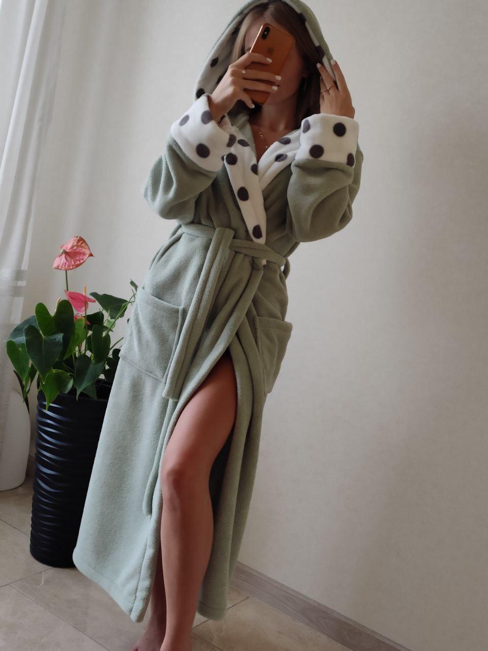 Жіночий довгий махровий халат із капюшоном оливка турція, фото 1