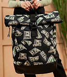 Жіночий чорний рюкзак роллтоп з принтом TRAVEL BAG ДОЛАРИ з тканини для міста та подорожей, фото 2