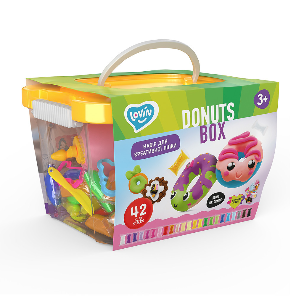 Набір легкого стрибучого пластиліну Donuts box ТМ lovin 70114 пончик повітряний основа бублик шармики блискітки Ловін