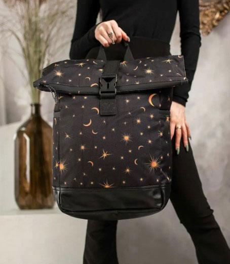 Жіночий чорний рюкзак роллтоп з принтом TRAVEL BAG СОНЦЕ І МІСЯЦЬ з тканини для міста та подорожей