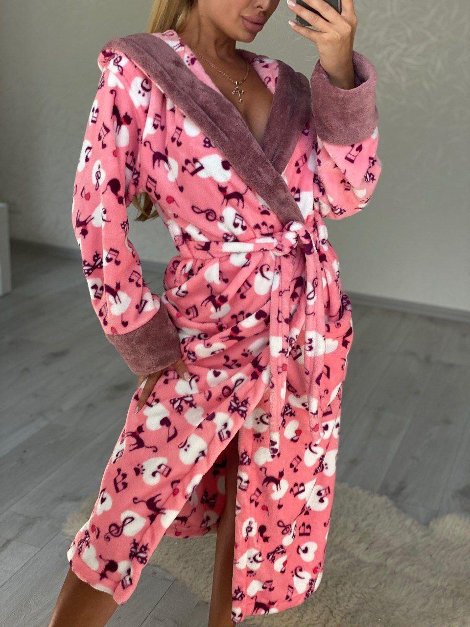 Стильний плюшевий халат нижче коліна "Pink" з нотами