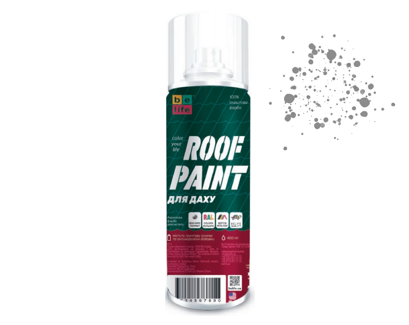 Фарба (емаль) акрилова для даху та профнастилу BeLife Roof Paint, 400 мл Аерозоль Сірий (RAL 7004)