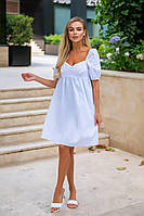 Женское платье белое котон рукава фонарик на спине резинка с пышной юбкой до колена летнее модное