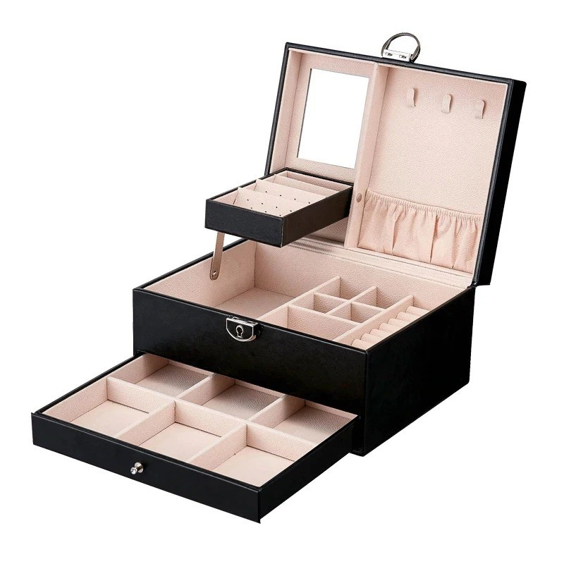 Скринька для прикрас з висувним ящиком/дзеркалом/перегородками на замку Jewelry BOX Jewelry BOX чорна, фото 1