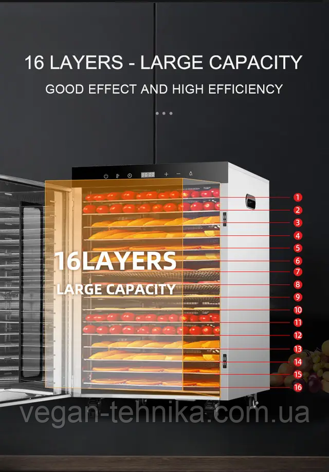 Комерційний дегідратор Tekhniko DH-16H Commercial Food Dehydrator (16 сталевих лотків)