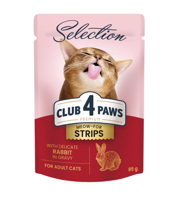 Клуб 4 Лапи вологий корм смужки з кроликом в соусі для котів 85г (Club 4 Paws Premium Selection)