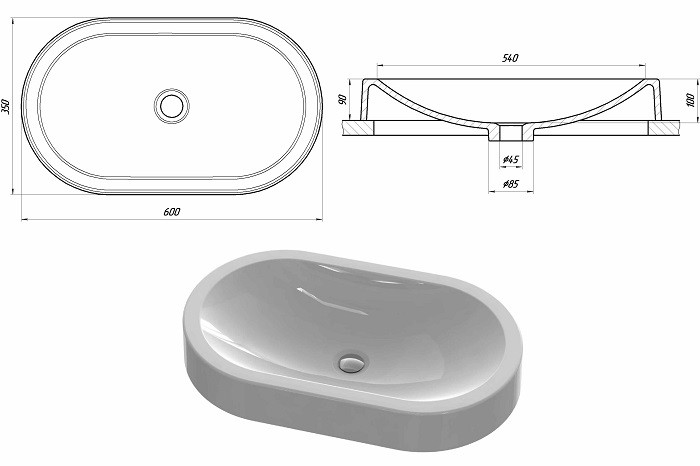 Овальный умывальник на столешницу 600x350x90 Snail Олимпия - фото 7 - id-p651685912