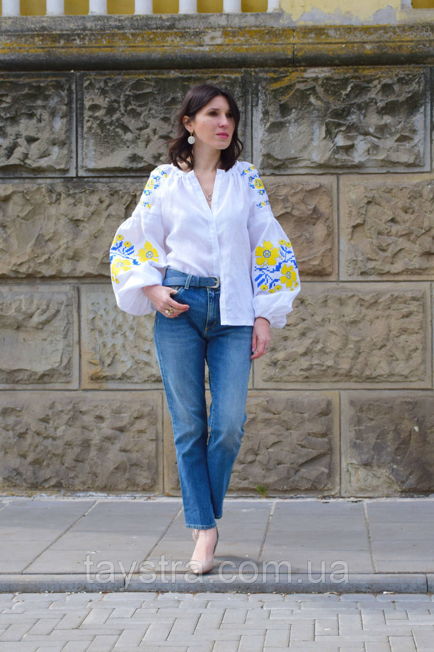 Біла блуза вишиванка, блузка біла, этно блузка, блуза льон