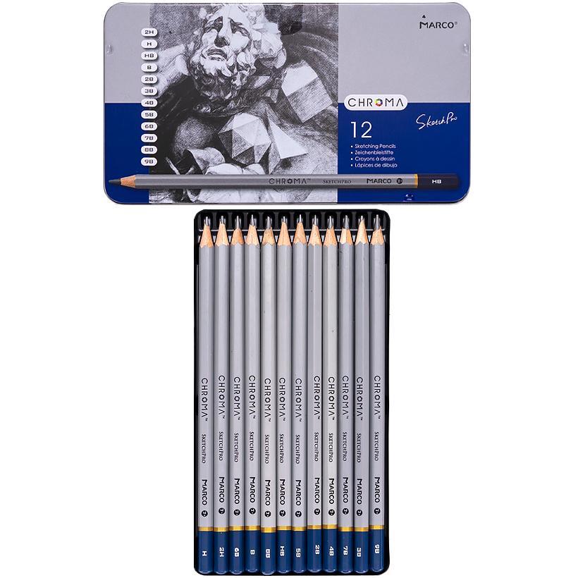 Набір простих олівців Marco CHROMA 2H - 9B в металевому пеналі 12 штук