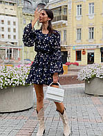 Нежное легкое шифоновое платье S-M L-XL (42-44 46-48) в цветочный принт темно-синее 46/48