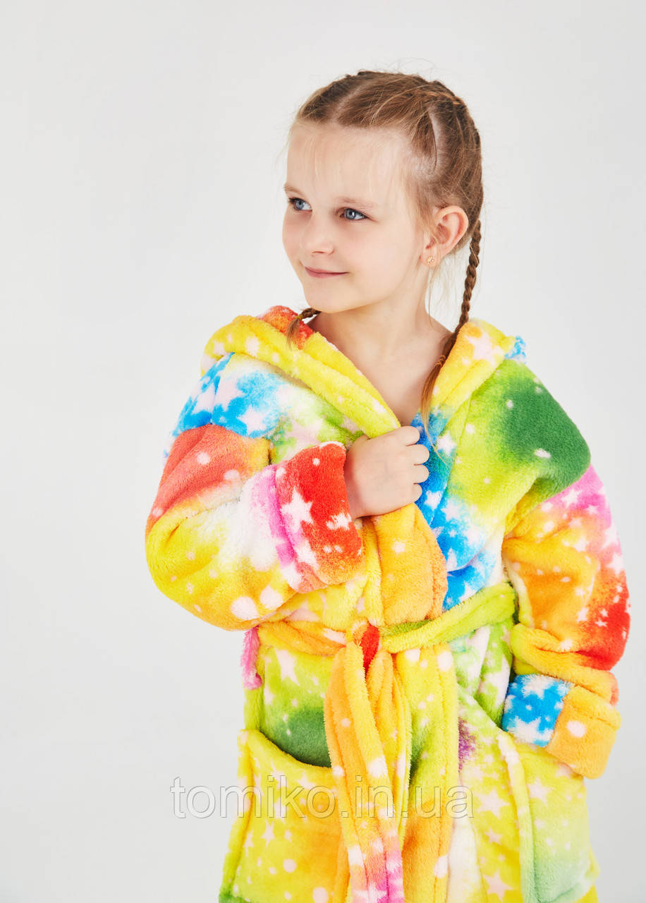 Дитячий махровий халатик для дівинки на запах з капюшоном зірки райдужні