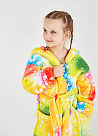 Дитячий махровий халатик для дівинки на запах з капюшоном зірки райдужні