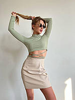 Женская трендовая юбка мини бежевая S-M М-L (42-44 44-46) матовая эко кожа 44/46