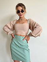 Женская трендовая юбка мини оливка S-M М-L (42-44 44-46) матовая эко кожа 44/46