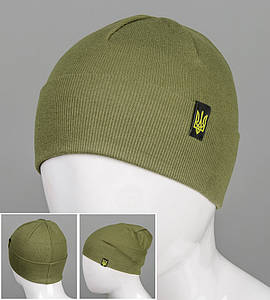 Шапка-чулок трикотажна Рубчик без підкладки Тризуб (18005), Хакі