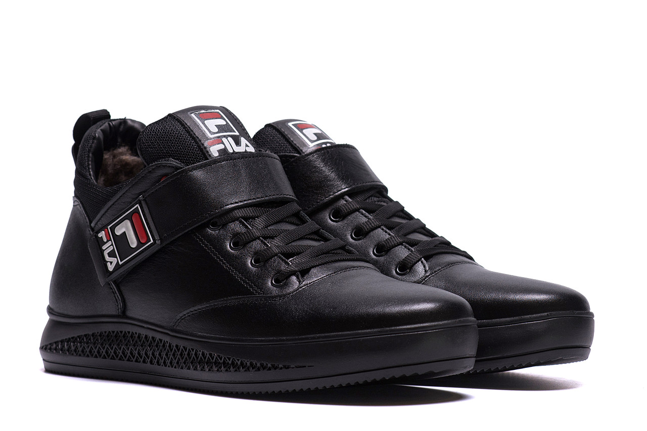 Чоловічі зимові шкіряні черевики чорні FILA Black, фото 1