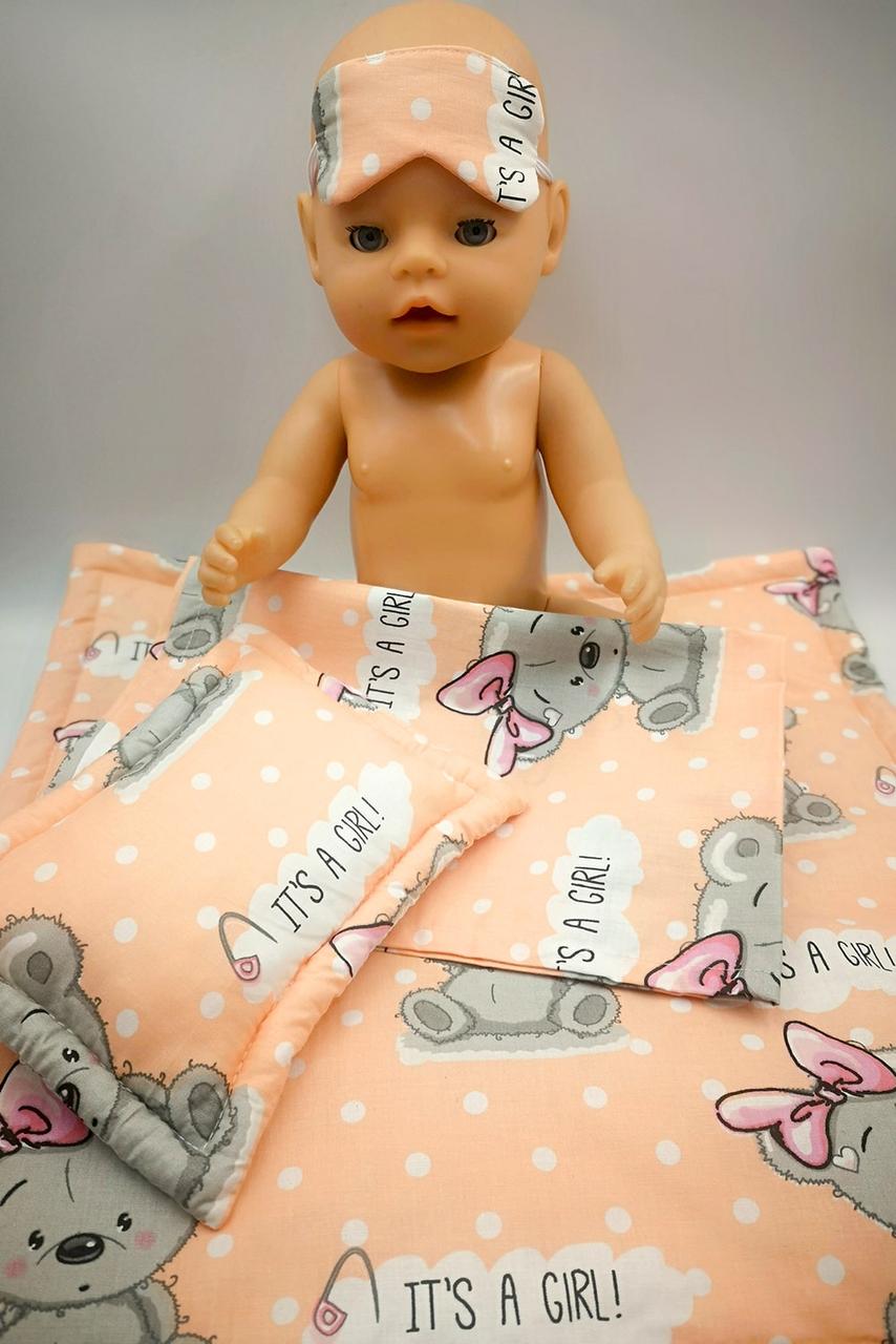 Постільний комплект рожевий "Тедді" у ліжечко, коляску для ляльки 40-44 см
