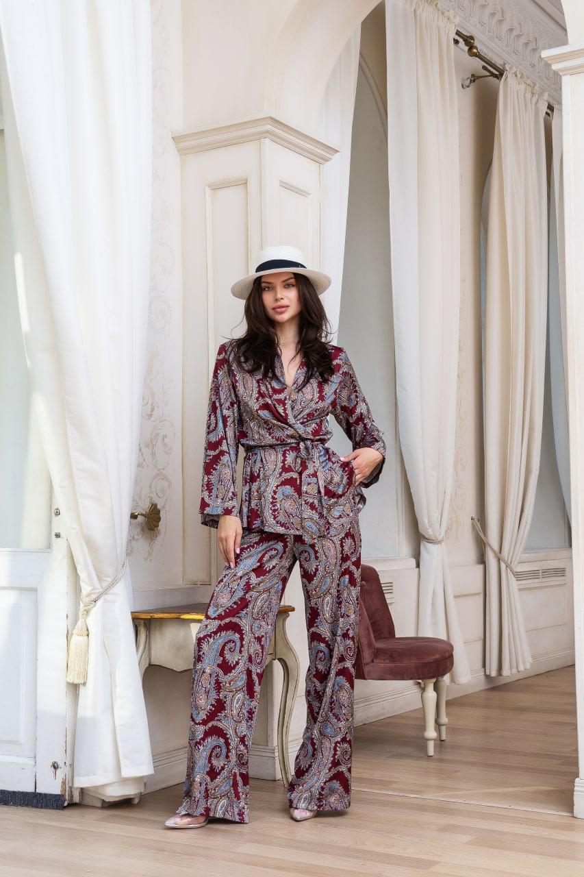 Жіноча шовкова піжама на запах кімоно комплект для дому та сну бордовий S-M 30019x, фото 1