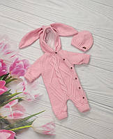 Комбинезон для новорожденных Зайка с капюшоном на пуговичках, ЭКО пряжа, осень-зима- весна, розовый