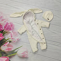 Комбинезон для новорожденных Зайка с капюшоном на пуговичках ЭКО пряжа осень-зима- весна белый