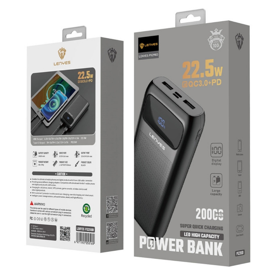 Зовнішній акумулятор power bank Lenyes PX298D 20000 mAh  ⁇ 2USB/Type-C, PD/QC, 5A/22.5W ⁇  black