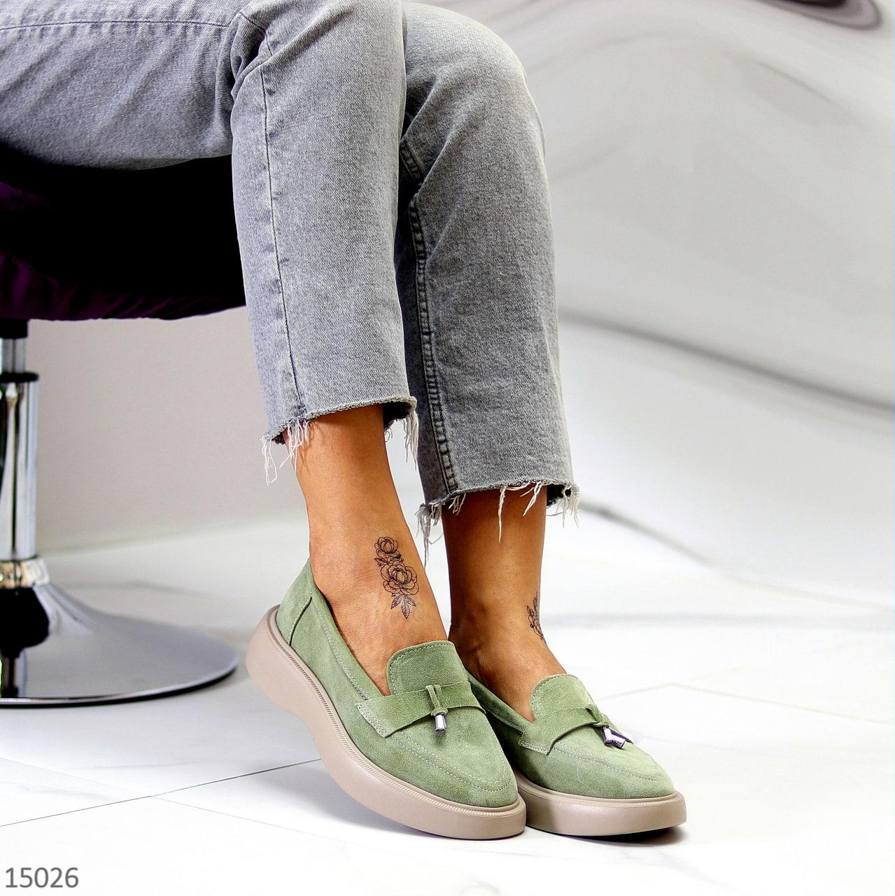 Женские замшевые фисташковые лоферы, черные женские повседневные натуральные туфли на низком ходу - фото 3 - id-p1663324100